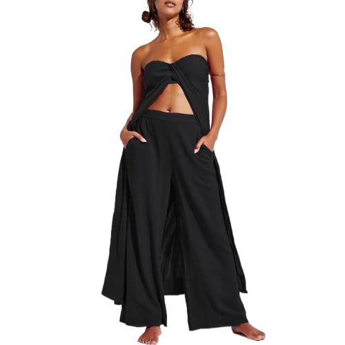 Womens Summer Two Piece Outfits Twist Knot Crop Tops Wide Leg Pants Y2K Loungwear Sets with Pockets