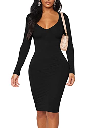 BORIFLORS Women's Sexy Bodycon Long Sleeve Deep V Neck Club Party Midi Pencil Dresses - Image 3