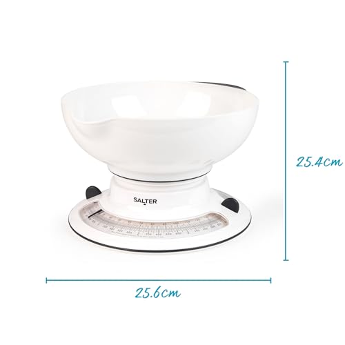 Salter Aquaweigh Mechanical Kitchen Scale – Food Scale, 4kg Capacity, 2.6L Detachable Bowl With Pouring Spout, No Batteries, Rotating Twin Dial, Bowl Fits Over Scale For Compact Storage, 800 WHBKDR