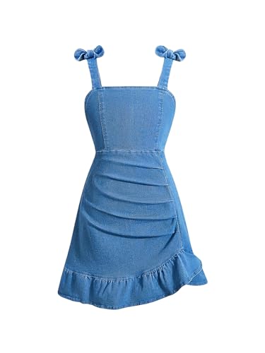 SweatyRocks Girl's Sleeveless Ruched Ruffle Hem Denim Dress Bow Cute A Line Summer Dress