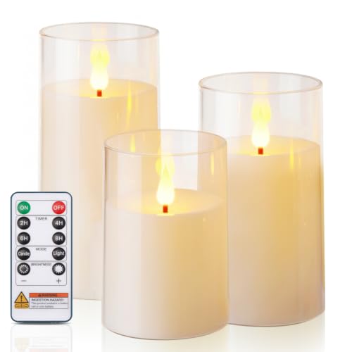Image of Homemory Ivory Flameless Candles, Battery Operated Acrylic LED Pillar Candles with Remote Timer, Realistic Flickering Fake Candles for Home Decor, Christmas, Wedding, Party, Set of 3