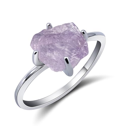Teppdfann Natural Raw Amethyst Ring - Silver Genuine Purple Stone Ring, Unique Amethyst Jewelry, February Birthstone Rings for Women
