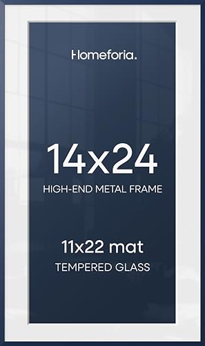 Image of Homeforia 14x24 Picture Frame Navy Blue, High End Metal 14x24 Poster Frames with Mat 11x22 Photo, 14 x 24 Navy Blue Frame Matted to 11 by 22 Print, 24x14 Thin Frame, Tempered Glass, Wall Kit, Set of 2