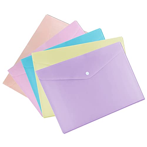 Pack of 5 - A5 Pastel Blue, Pink, Purple, Yellow, Orange Colour Plastic Wallets Folder Documents Files Holder with Press Stud Button Polypropylene Document Folder Clear Wallet Envelope (Assorted)