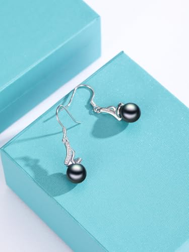 Tahitian Black Pearl Earring 18K White Gold Plated Sterling Silver Dangle Drop Earrings Black Pearl Jewelry Gifts for Women Mom4