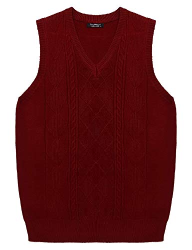 Coofandy Men's Sweater Vest V Neck Sleeveless Pullover Sweaters Cable Knitted With Ribbing Edge Dark Red #TOP3