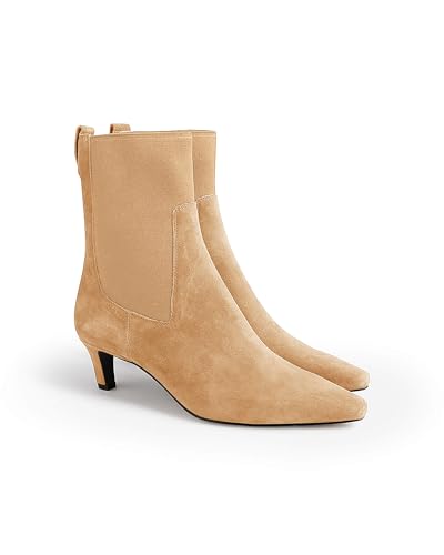 Coutgo Womens Ankle Boots Kitten Heel Pointed Toe Low Slip On Fall Winter Elastic Dress Booties Khaki