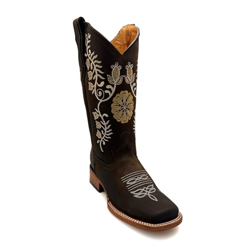 Women’s Genuine Leather Brown Square Toe Western Floral Embroidered Cowgirl Boots Mid Calf3