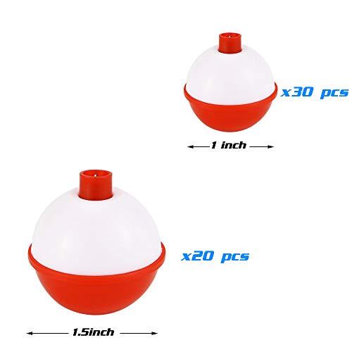 Owevvin 50 Pack Bobber Bulk Hard ABS Fishing Float, 1 and 1.5 Inch Fishing Bobbers Snap-on Floats, Red and White