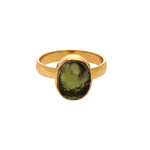 Natural Moldavite Rough Gemstone Ring, 14k Gold Vermeil Promise Ring, Simple Moldavite Stone Ring From Czech Republic Gift For Her, Green/gold
