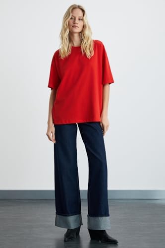 Grimelange Lagertha Kadın%100 Organik Pamuklu Kalın Dokulu Oversize Fit Yuvarlak Yakalı T-shirt, Kırmızı, M - Görsel 4