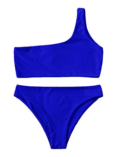 SweatyRocks Women s Sexy Bathing Suits One Shoulder Tie Knot Front Bikini Swimsuit Royal Blue M