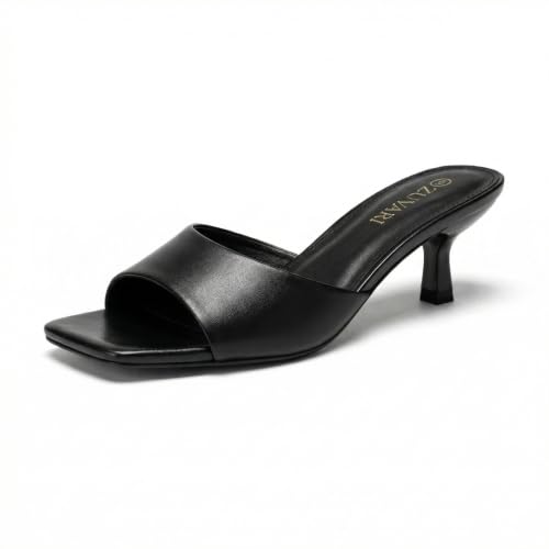 ZUVARI Womens Black Kitten Heels Sandals Square Open Toe Stiletto 2 Inch Low Heel Mules Dressy Slides Comfortable PU Leather Small Heel Fashion Going Out Shoes Style Size 7