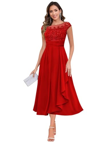 Tea Length Mother of The Bride Dresses for Women Lace Applique Chiffon Formal Evening Dress with Sleeves