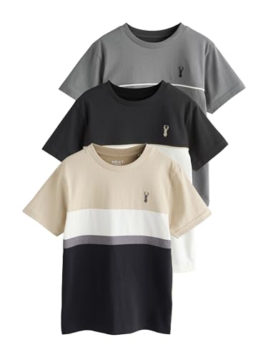 NEXT Jungen 3er-Pack Regular Fit Kurzarm-T-Shirts mit Farbblock-Design Black/Grey/Cement Numeric_134