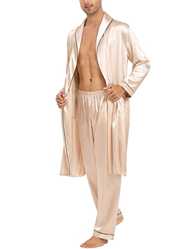 SWOMOG Men's Satin Robe Silky Kimono Bathrobe Set Lightweight Soft Loungewear Nightwear4