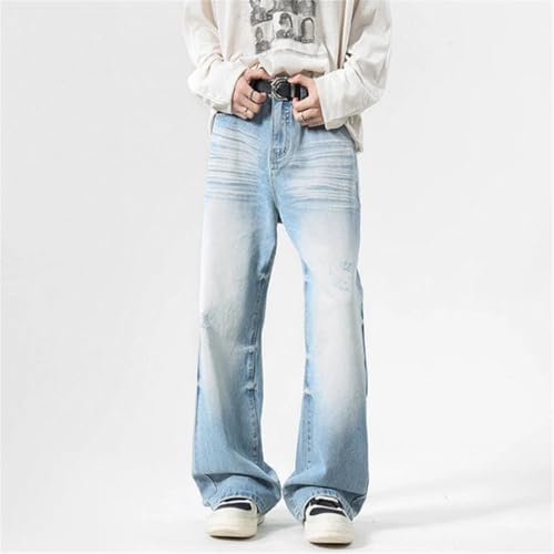 Men's Denim Pants Solid Color Washing Worn-Out Straight Trousers Wide Leg Loose Jeans 6