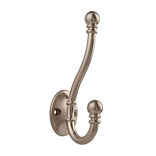 Image of HASWARE 6 PCS Double Prong Robe Hook, Large Dual Coat Hooks with 12 Pieces Screws Wall Mounted Hooks Robe Antique Hooks Hangers Heavy Duty for Home Coats Hat Clothes Hanger Towel Keys (Satin Nickel)