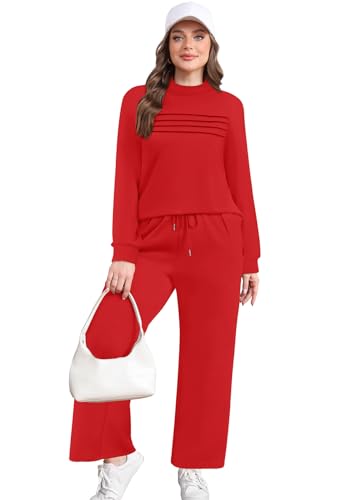 Image of WIHOLL Two Piece Sets for Women Spring Travel Vacation Outfits 2026 Long Sleeve Lounge Sets Side Slit Wide Leg Pants S-3XL