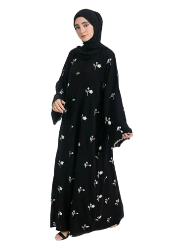 Muslim Floral Embroidery Dress for Women Light Islamic Delicate Cuffs Arabia Qatar Modest Wear Black