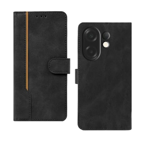 Image of amazon basics Vivo X200T 5G Flip Cover | Card Pockets Wallet & Stand | Flip Cover for Vivo X200T 5G (Black with Beige Strip)