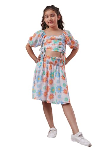 Image of PS PEACHES Girls Polyester Square Neck Half Sleeves White Skirts Set