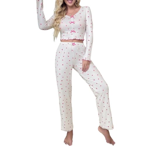 Image of Women 2 Piece Lounge Set Y2k Long Sleeve Square Neck Floral Tops+elastic Waist Long Pants Sleepwear Sets
