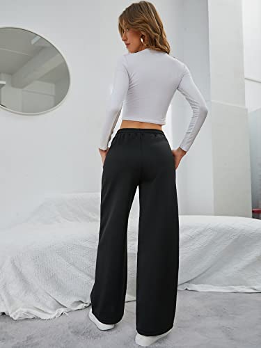 Floerns Calça de moletom feminina com cordão na cintura elástica e pernas largas com bolsos, Preto l