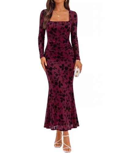 ZESICA Womens Fall Long Sleeve Bodycon Mesh Wedding Guest Dress Wine XL