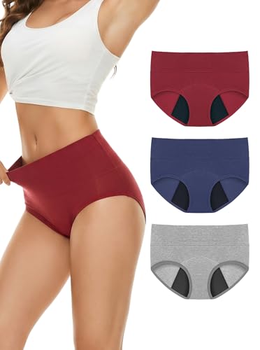 LOFIR Bragas Menstruales Mujer Algodon: Braga Menstruacion Talle Alto para Niña Flujo Abundante Ropa Interior Lavable Regla Colegio Trabajo Casa y Viaje Pack de 3 Mixto 2XL