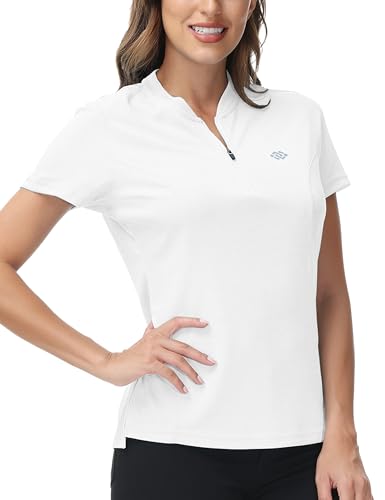 Camisa polo feminina de golfe de manga curta com zíper de um quarto para trabalho atlético com bolso