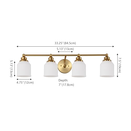 Image of JONATHAN Y 33.25 inch Brass Gold /White Modern Farmhouse LED Vanity Light Wall Sconce Fixture, Frosted White Glass Shade, Dimmable Wall Lamp for Bathroom Mirror Kitchen Sink, UL Listed (JYL7552B)