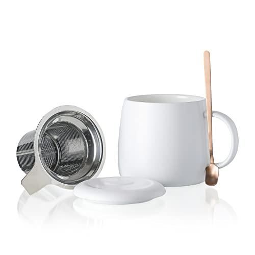 Henten Home Taza de Té de Cerámica con Infusor, Cuchara y Tapa, 450ml, Taza Grande con Filtro de Té para Desayuno, Té, Café, Leche, Microondas y Lavavajillas (450ml,Blanco Mate)