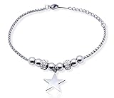 ☑ 𝗗𝗘𝗦𝗜𝗚𝗡: Bracciale in acciaio inossidabile in base silver con charms a forma di stella simbolo di fotuna, e perline lucide con strass luccicanti, il braccialetto è adatto ad un polso massimo di 21 cm, peso totale articolo 6g.