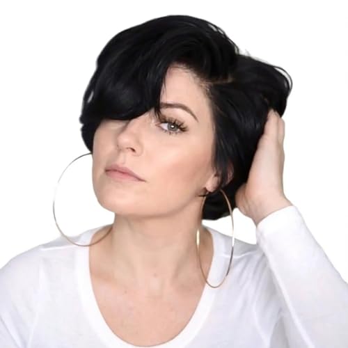Perruque synthétique noire pour soirée et fête changement de look rapide avec frange 14"