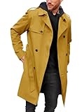 Pretifeel Mens Trench Coat Slim Fit Double Breasted Long Jacket Notched Lapel Belt Fall Windproof Coat