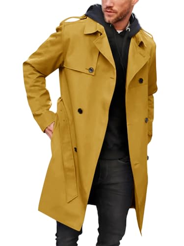 Image of Pretifeel Mens Trench Coat Slim Fit Double Breasted Long Jacket Notched Lapel Belt Fall Windproof Coat