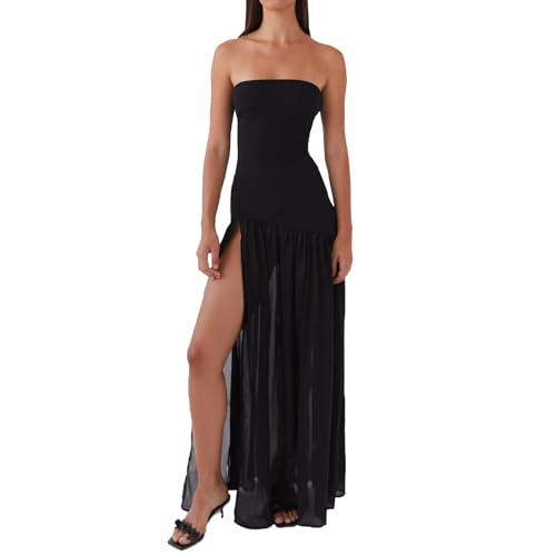 Women Tube Top Dress Tiger Stripe Mesh Patchwork Maxi Dress Strapless Sexy High Slit Long Dresses Beach Vacation (Black,S) : Clothing, Shoes & Jewelry