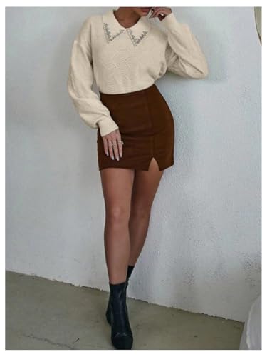 Image of Verdusa Women's Old Money Cable Knit Rhinestone Decor Knit Top Crew Neck Lapel Collar Lantern Sleeve Drop Shoulder Pullover Cropped Sweaters