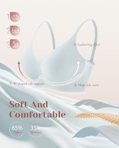 Quttlzze Womens Wireless Jelly Bras No Underwire Seamless Push Up Bra Ultra Soft Comfortable Tshirt Bralette Full Coverage-Light Blue,M