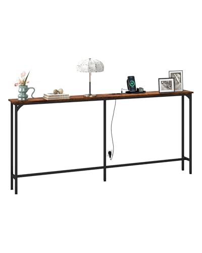 Amveya Consola Recibidor Madera 20 cm Fondo, Recibidores de Entrada, Mueble Recibidor Entrada, Mesa Alta de Estilo Industrial con 2 enchufes y 2 interfaces USB