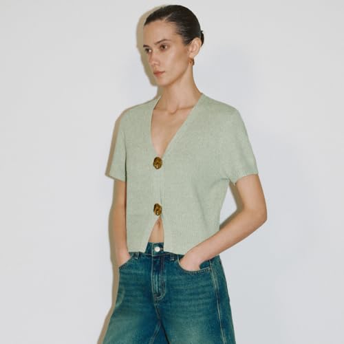 Image of URBAN REVIVO Women's Cardigan Sweaters Short Sleeve V Neck Gold Button Down Cropped Knit Casual Summer Tops