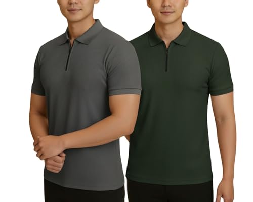 Image of MACK JONNEY Men's Cotton Self Design Polo T-Shirts | Front Half Zipper | Pack of 2 | Multicolour