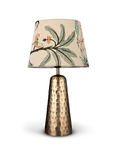 Image of Green Girgit Golden Hammered V-Shaped Printed Table Lamp, Taper Muticolor Green Shade, Modern Living Room Light, Bedside Night Lamp, LED Ambient Lighting, E27 Bulb Compatible, Corded Electric