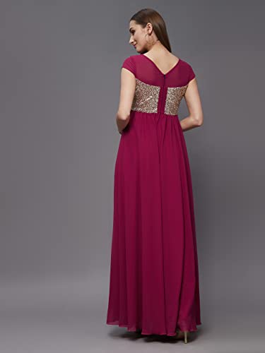 Image of Miss Chase Women's Round Neck Sleeve Embellished Fit Flare Maxi Dress