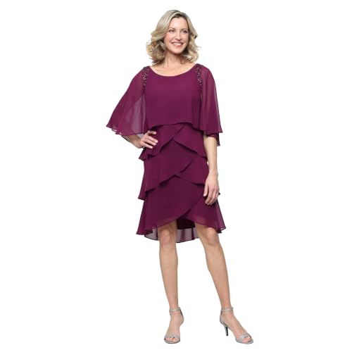 Image of S.L. Fashions Women's Tiered Chiffon Cocktail Party Dress with Attached Cape & Beaded Shoulders (Petite and Regular Sizes)
