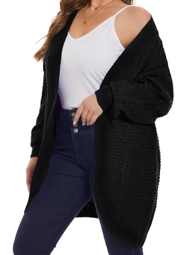 Image of MONNURO Womens Plus Size Open Front Cardigan Waffle Knit Long Sleeve Sweaters Tops Fall Coat Outerwear with Pockets