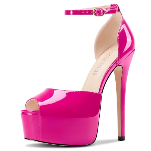 Image of TNYNFBEB Womens Stiletto High Platform Heel Peep Open Toe Sandals Ankle Strap Buckle Prom Party Dress Patent Leather 6.1 Inches Heels