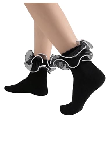 OYOANGLE Women's 1 Pair Pearl Beaded Sheer Ruffle Frilly Crew Socks Soft Comfortable Casual Sock Lolita Socks
