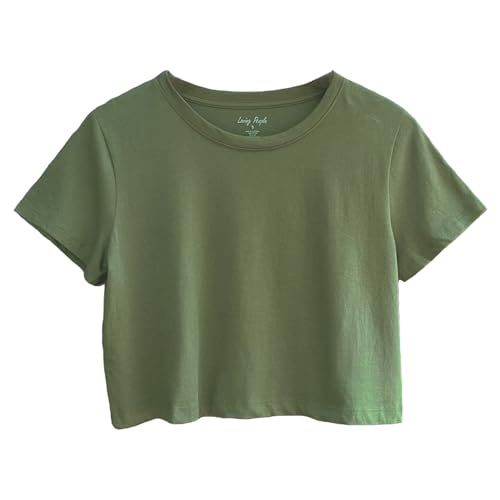 Image of Womens 100% Cotton Crop Tops Short Sleeve Crewneck Loose Fit Basic Tee Summer Casual Workout T-Shirt Fashion Clothes